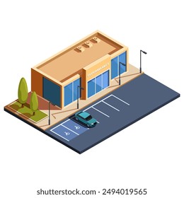 Isometrisches Supermarktgebäude mit Parkplatz, Vektorillustration