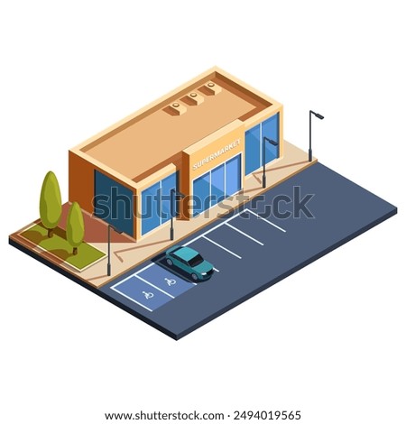 isometric supermarket building with parking, vector illustration