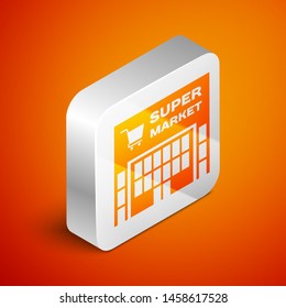 Isometric Supermarket building with shopping cart icon isolated on orange background. Shop or store. Mall building. Silver square button. Vector Illustration