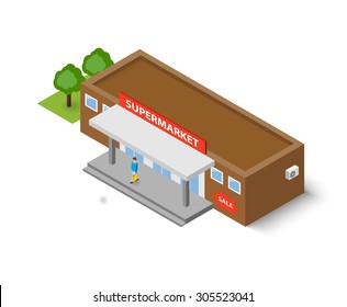 Isometric supermarket building, vector illustration