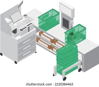 Isometric supermarket cash register and basket