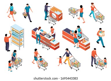 Isometric supermarket color set with human characters of market visitors collecting goods with baskets and cashiers vector illustration