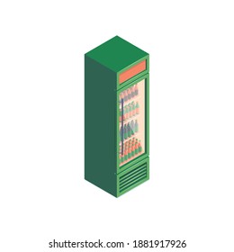 Isometric supermarket composition with isolated image of fridge cabinet with refreshing drinks vector illustration