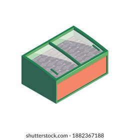 Composición isométrica del supermercado con imagen aislada del frigorífico para la ilustración del vector de alimentos congelados