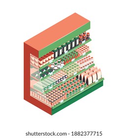 Isometric supermarket composition with view of supermarket rack with drink products vector illustration