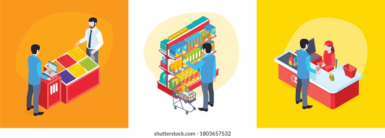 Concepto de diseño de supermercados isométricos con conjunto de tres composiciones con personajes de la caja de visitantes e ilustración de vectores de mercancías