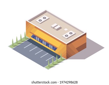 Isometric supermarket or grocery store building. Vector isometric icon or infographic element representing mall building with parking lot. 3D shop market for city infrastructure