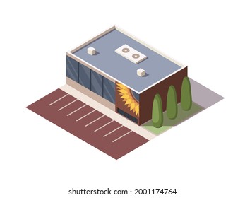 Isometric supermarket or grocery store building. Vector isometric icon or infographic element representing mall building with parking lot. 3D shop market for city infrastructure