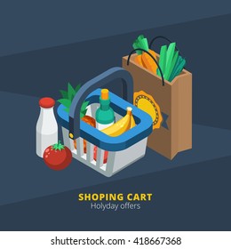 Isometric supermarket icon with shopping basket paper pack and food  vector illustration 