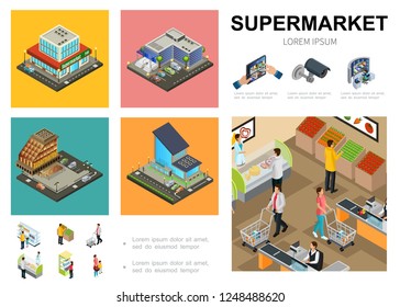 Isometric supermarket infographic template with shopping mall exteriors video surveillance system customers buying different products in hall of hypermarket vector illustration