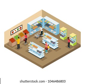 Isometric supermarket interior concept with people choosing different products in grocery shop vector illustration
