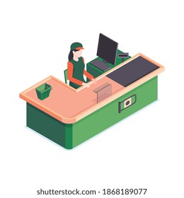 Isometric supermarket people composition with view of checkout counter with female cashier vector illustration