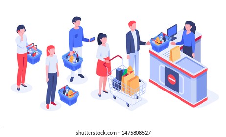 Isometric Supermarket Purchases. Buyers In Line Waiting, Shoppers Purchase And Retail Store Cash Register. Shopping Together, Shops Retails Clerks Service Or Payment Checkout Vector Illustration