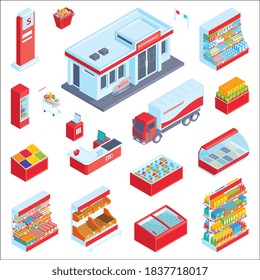 Isometrisches Supermarkt-Set mit isolierten Display-Icons-Regalen mit Lebensmittelprodukten Kühlschränke und Warenkorb-Bilder Vektorgrafik