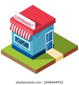 Isometric supermarket, shop building, grocery store, food shopping