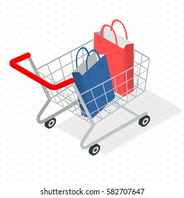 Isometric supermarket shopping cart  vector icon template. Trendy flat design mock up