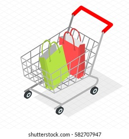 Isometric supermarket shopping cart  vector icon template. Trendy flat design mock up