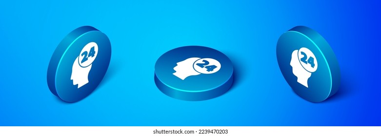 Operador Isometric Support en el icono táctil aislado en el fondo azul. Concepto de centro de llamadas, servicio de soporte al cliente. Botón de círculo azul. Ilustración vectorial