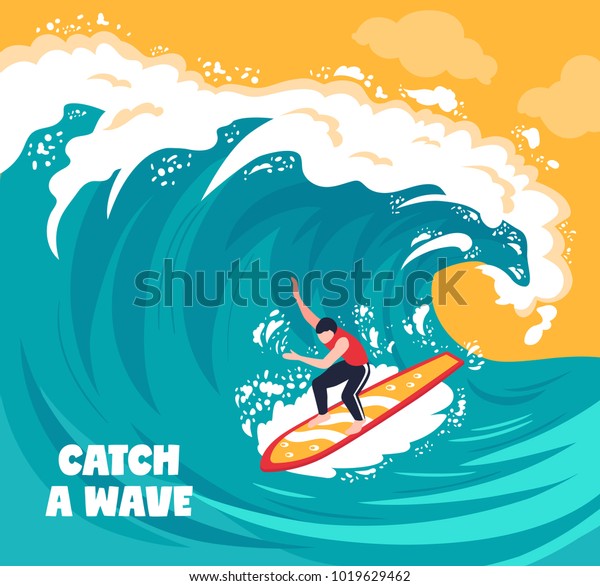 Isometric\
surf wave composition with text and drawn artwork sea wave with\
human character of surfer vector\
illustration