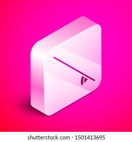 Isometric Surfboard icon isolated on pink background. Surfing board. Extreme sport. Sport equipment. Silver square button. Vector Illustration