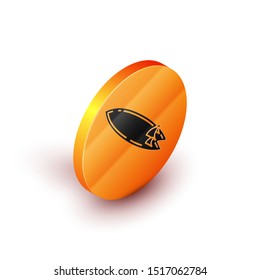 Isometric Surfboard icon isolated on white background. Surfing board. Extreme sport. Sport equipment. Orange circle button. Vector Illustration
