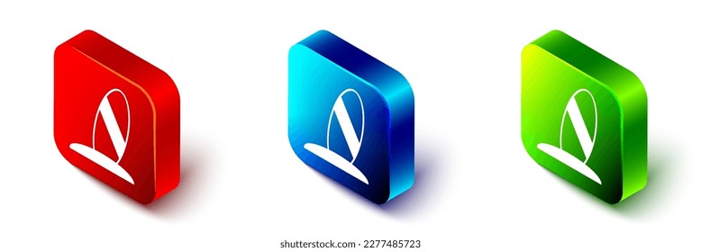Isometric Surfboard icon aislado en fondo blanco. Tabla de surf. Deporte extremo. Equipamiento deportivo. Botón cuadrado rojo, azul y verde. Vector