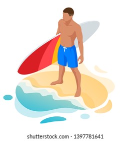 Isometric surfer male. Surfing on Summer Vacation. Beautiful young man at the beach, Water sports, Healthy Active Lifestyle, Extreme Sport.