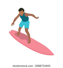 Isometric surfing composition with isolated character of guy on pink surfing board on blank background vector illusration
