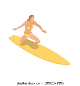 Isometric surfing composition with isolated character of woman on yellow surfing board on blank background vector illusration