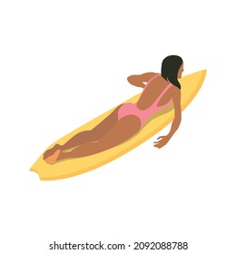 Isometric surfing composition with isolated female character lying on yellow surfing board on blank background vector illusration