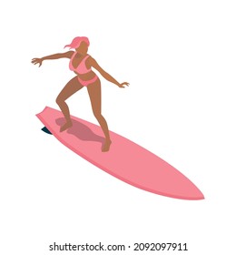 Isometric surfing composition with isolated female character standing on pink surfing board on blank background vector illusration