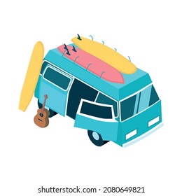 Isometric surfing composition with isolated hippie bus with colorful surfing boards and guitar on blank background vector illusration