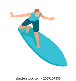 Isometric surfing composition with isolated human character on light blue surfing board on blank background vector illusration