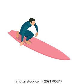 Isometric surfing composition with isolated human character on pink surfing board on blank background vector illusration