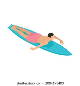 Isometric surfing composition with isolated male character lying on blue surfing board on blank background vector illusration