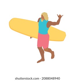 Isometric surfing composition with isolated walking male character carrying yellow surfing board on blank background vector illusration