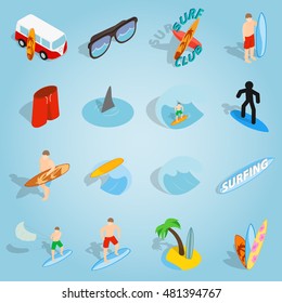 Isometric surfing icons set. Universal surfing icons to use for web and mobile UI, set of basic surfing elements vector illustration