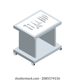 Isometric surgeon doctor composition with isolated image of wheeled table with surgery instruments vector illustration