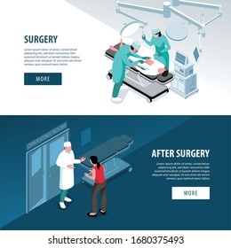 Isometric surgeon doctor horizontal banners collection with images of consultation surgical operation text and clickable buttons vector illustration