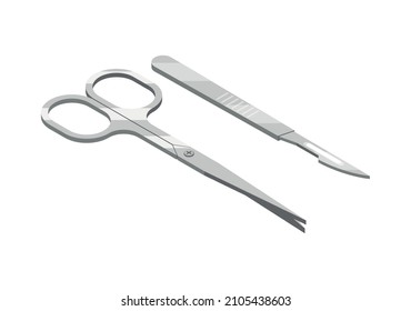 Isometric surgical instruments with isolated forceps and scalpel on white background 3d vector illustration