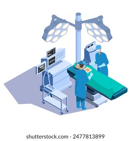 isometric surgical operation with surgeon and assistant with medical equipment, vector illustration