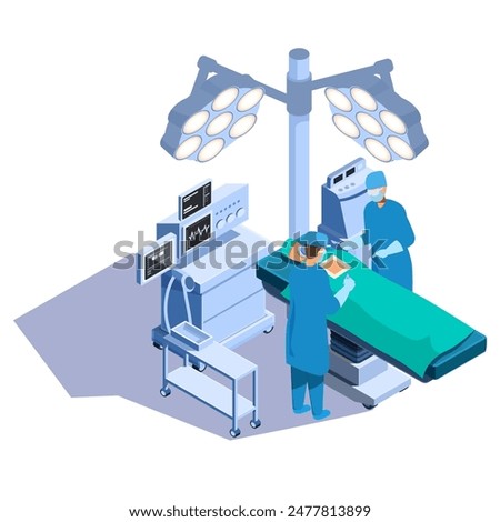 isometric surgical operation with surgeon and assistant with medical equipment, vector illustration