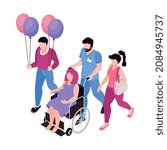 Isometric surrogacy adoption custody composition with characters of surrogate mother on wheelchair with doctor and parents with balloons vector illustration