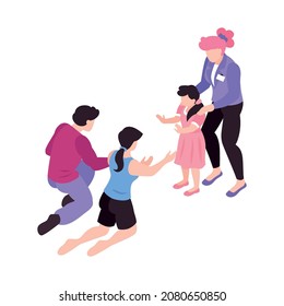 Isometric surrogacy adoption custody composition with characters of agent parents standing on knees adopting girl vector illustration