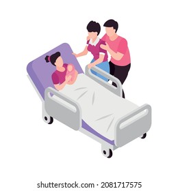 Isometric surrogacy adoption custody composition with characters of parents with surrogate mother in hospital bed holding newborn baby vector illustration