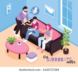 Isometric surrogacy isometric composition with domestic view of room and couple drinking tea with surrogate mother vector illustration