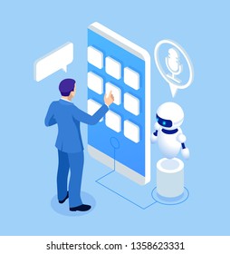 Isometric survey concept banner with characters. Chat bot, online survey. Online exam, questionnaire form, online education, internet quiz.