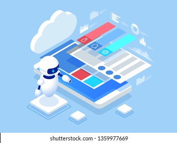 Isometric survey concept banner with characters. Chat bot, online survey. Online exam, questionnaire form, online education, internet quiz.