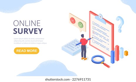 Isometric survey concept. Man with pencil stands near large document and puts ticks and crosses, answers questions. User feedback and opinion, audience marketing research. Cartoon vector illustration