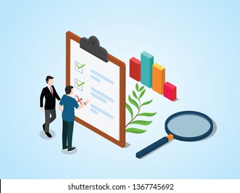 Isometric Survey Concept With People And Checklist Surveys On Paper Clipboard With Laptop - Vector